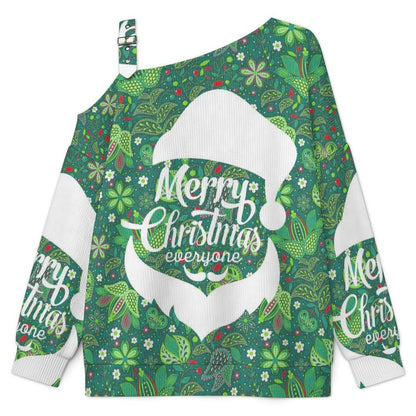 Off-the-shoulder Sweater Merry Christmas Santa Paisley Pattern Green  Asymmetric Cold Shoulder Knit Sweater for Women, Adjustable Buckle Strap Long Sleeve Casual Slouchy Pullover