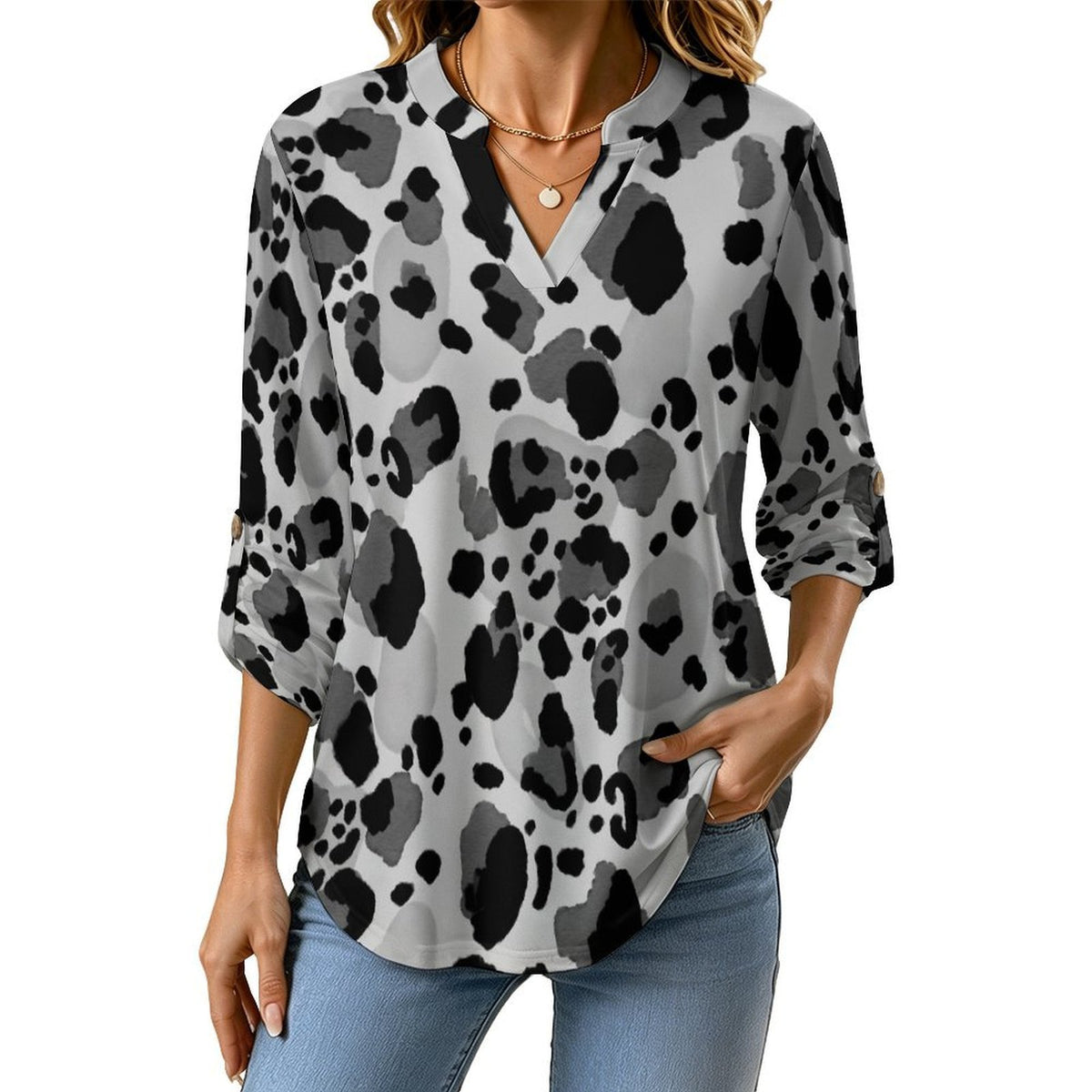 Versatile Notched V-Neck Tunic  Roll Tab 3/4 Sleeve Office Casual Top  Leopard Print, Repeating Pattern