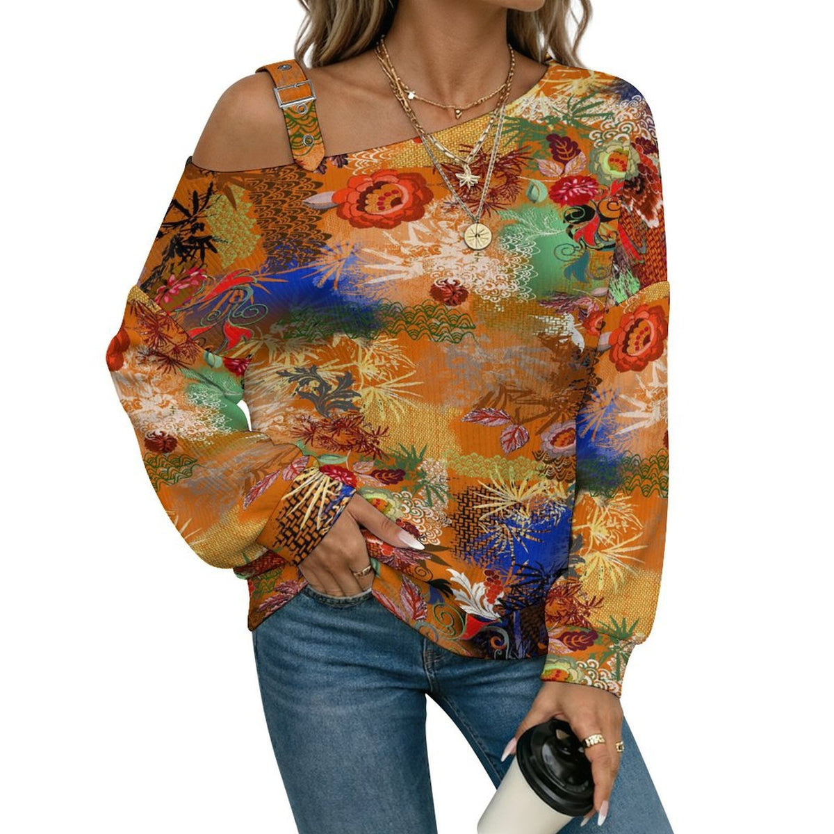 Off-the-shoulder Sweater Exotic Ethnic Patterns  Asymmetric Cold Shoulder Knit Sweater for Women, Adjustable Buckle Strap Long Sleeve Casual Slouchy Pullover