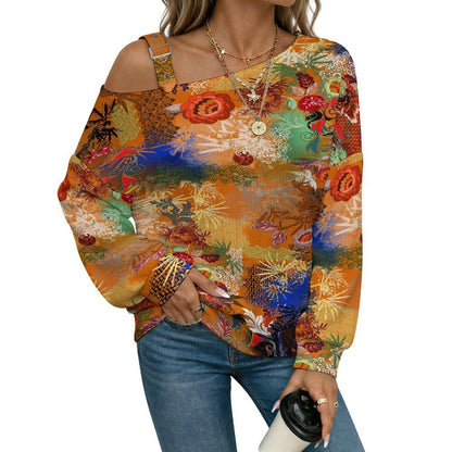 Off-the-shoulder Sweater Exotic Ethnic Patterns  Asymmetric Cold Shoulder Knit Sweater for Women, Adjustable Buckle Strap Long Sleeve Casual Slouchy Pullover