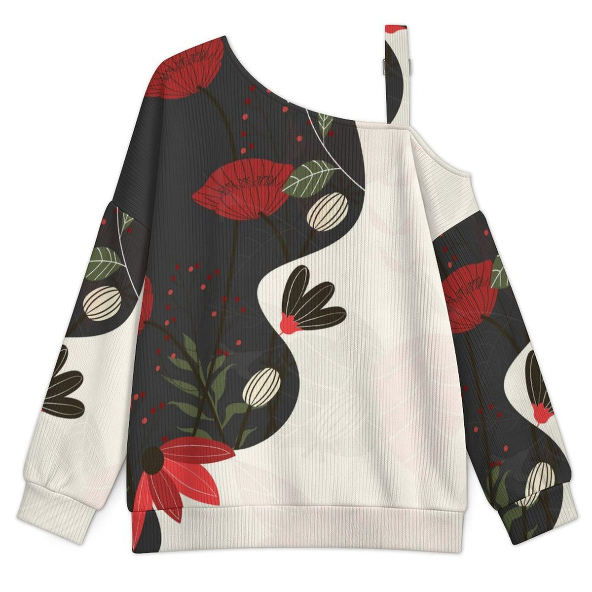 Off-the-shoulder Sweater Flowers in Danger Zone,Little Red Flowers  Asymmetric Cold Shoulder Knit Sweater for Women, Adjustable Buckle Strap Long Sleeve Casual Slouchy Pullover