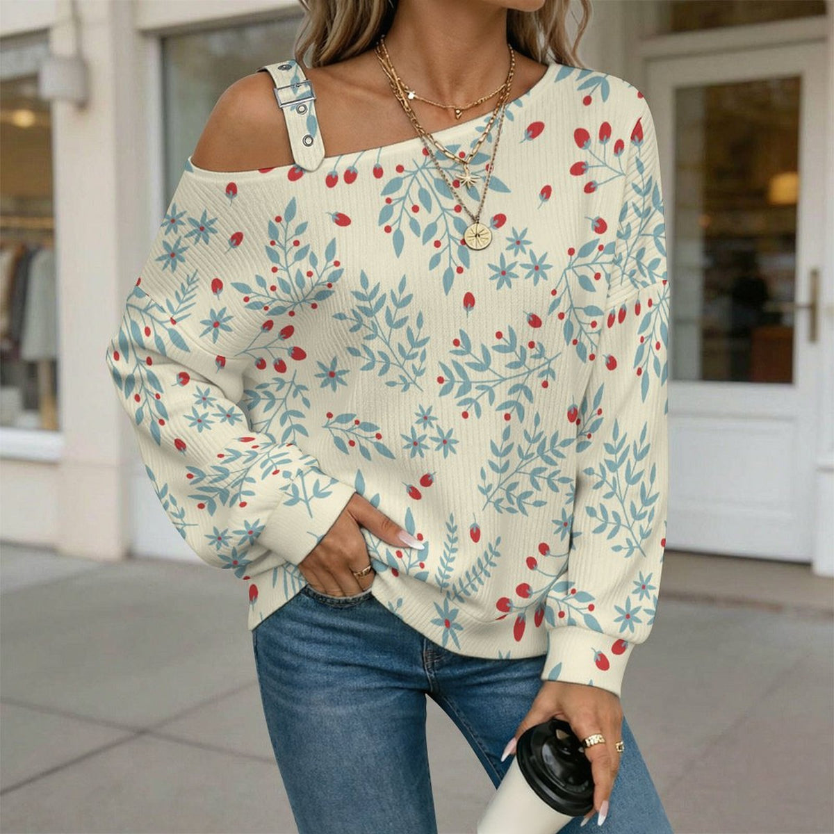 Off-the-shoulder Sweater Repeat - Tile - Leaf - Fruit - Green - Red - Light Yellow  Asymmetric Cold Shoulder Knit Sweater for Women, Adjustable Buckle Strap Long Sleeve Casual Slouchy Pullover