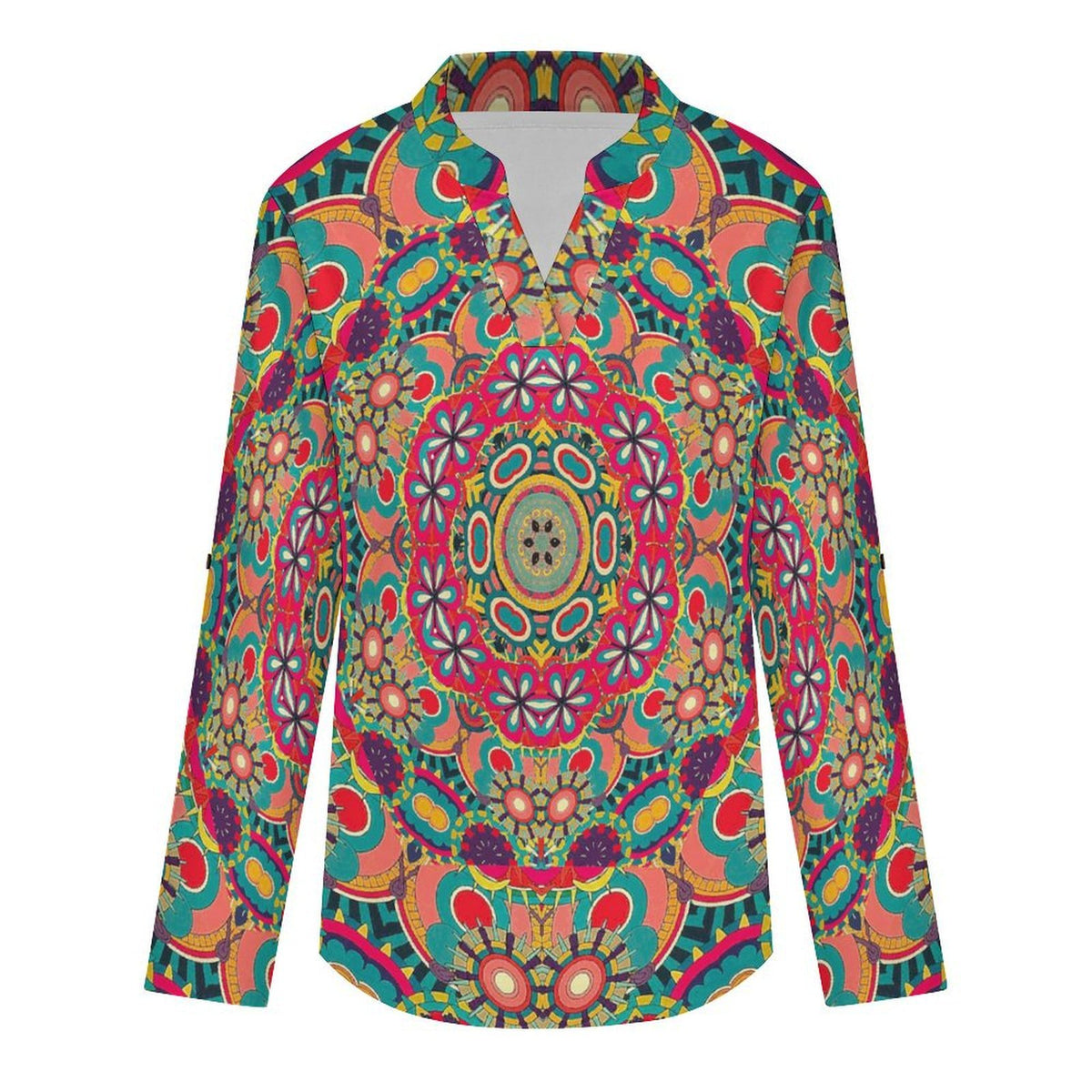 Stand-up Collar Long-sleeved Shirt Summer, Surfing, Seaside  Customization Women’s V-Neck Blouses,long Sleeve,Roll-Up Sleeve Shirt