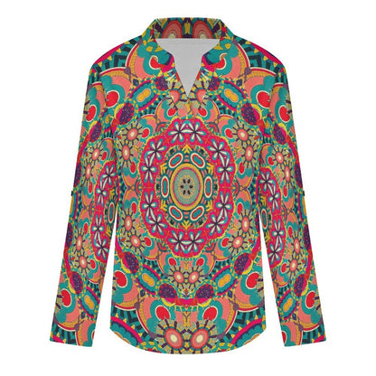 Stand-up Collar Long-sleeved Shirt Summer, Surfing, Seaside  Customization Women’s V-Neck Blouses,long Sleeve,Roll-Up Sleeve Shirt