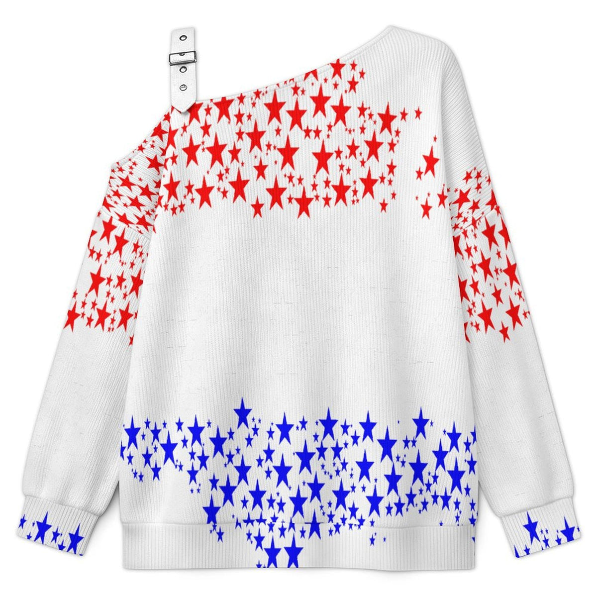 Off-the-shoulder Sweater Red And Blue Stars  U.S. Territory  Asymmetric Cold Shoulder Knit Sweater for Women, Adjustable Buckle Strap Long Sleeve Casual Slouchy Pullover