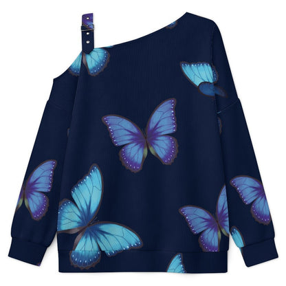 Off-the-shoulder Sweater Blue Morpho Butterfly Tile Decorative Pattern  Asymmetric Cold Shoulder Knit Sweater for Women, Adjustable Buckle Strap Long Sleeve Casual Slouchy Pullover