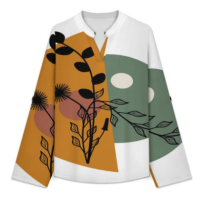 Chinese Wind Scenery  Versatile Notched V-Neck Tunic | Roll Tab 3/4 Sleeve Office Casual Top
