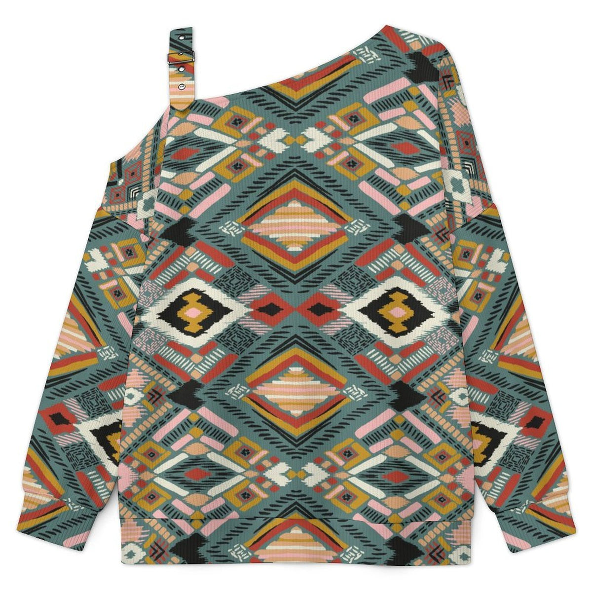 Off-the-shoulder Sweater Lingge European Retro Pattern  Asymmetric Cold Shoulder Knit Sweater for Women, Adjustable Buckle Strap Long Sleeve Casual Slouchy Pullover