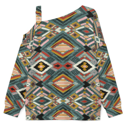 Off-the-shoulder Sweater Lingge European Retro Pattern  Asymmetric Cold Shoulder Knit Sweater for Women, Adjustable Buckle Strap Long Sleeve Casual Slouchy Pullover
