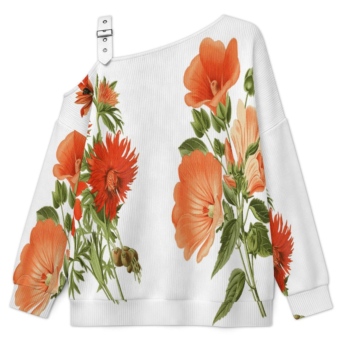 Off-the-shoulder Sweater Chrysanthemum  Asymmetric Cold Shoulder Knit Sweater for Women, Adjustable Buckle Strap Long Sleeve Casual Slouchy Pullover