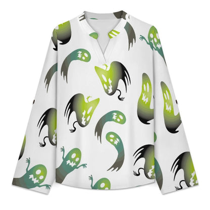 Stand-up Collar Long-sleeved Shirt The Ghost Repeats A Pattern of Gradient Green  Customization Women’s V-Neck Blouses,long Sleeve,Roll-Up Sleeve Shirt