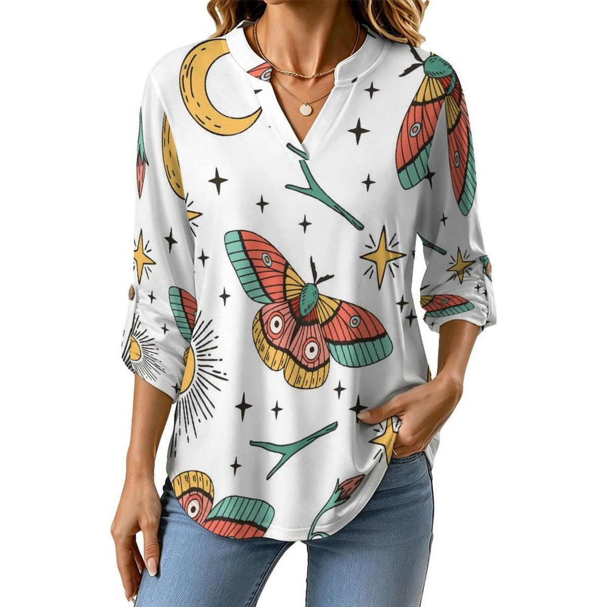 Stand-up Collar Long-sleeved Shirt Color, Butterfly, Pattern  Customization Women’s V-Neck Blouses,long Sleeve,Roll-Up Sleeve Shirt