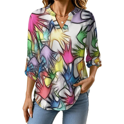 Stand-up Collar Long-sleeved Shirt Colored Hands, Shadows, Abstractions  Customization Women’s V-Neck Blouses,long Sleeve,Roll-Up Sleeve Shirt