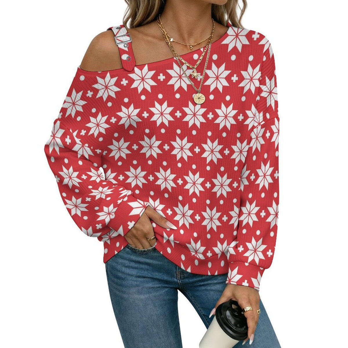 Off-the-shoulder Sweater Christmas - Repeat - Pattern - Red - White - Christmas Pattern  Asymmetric Cold Shoulder Knit Sweater for Women, Adjustable Buckle Strap Long Sleeve Casual Slouchy Pullover