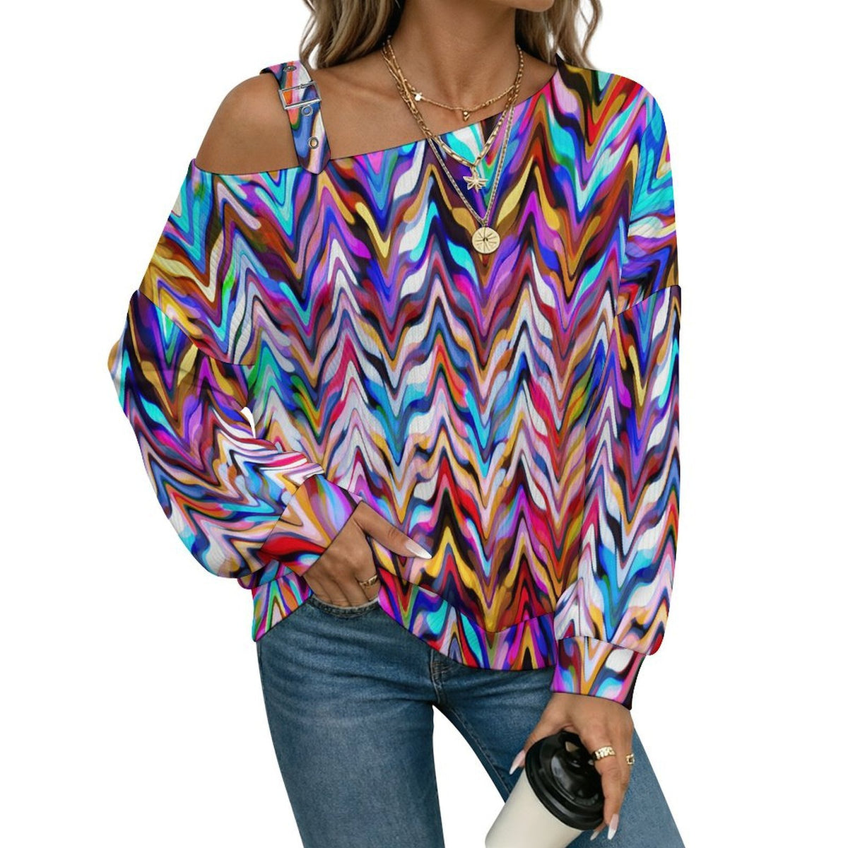Off-the-shoulder Sweater Colorful Pattern  Asymmetric Cold Shoulder Knit Sweater for Women, Adjustable Buckle Strap Long Sleeve Casual Slouchy Pullover