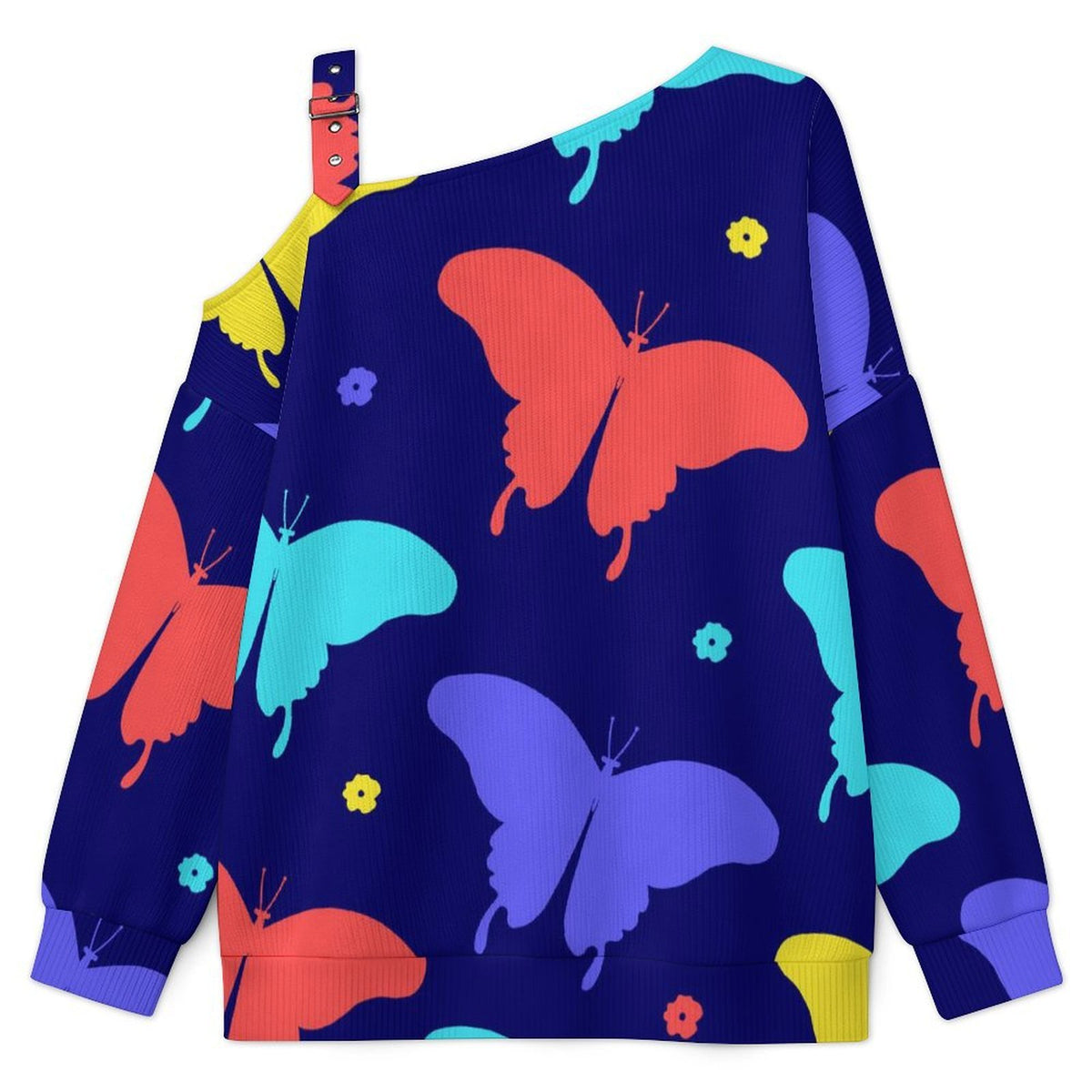 Off-the-shoulder Sweater Butterfly-color-red-blue-yellow-repeat  Asymmetric Cold Shoulder Knit Sweater for Women, Adjustable Buckle Strap Long Sleeve Casual Slouchy Pullover