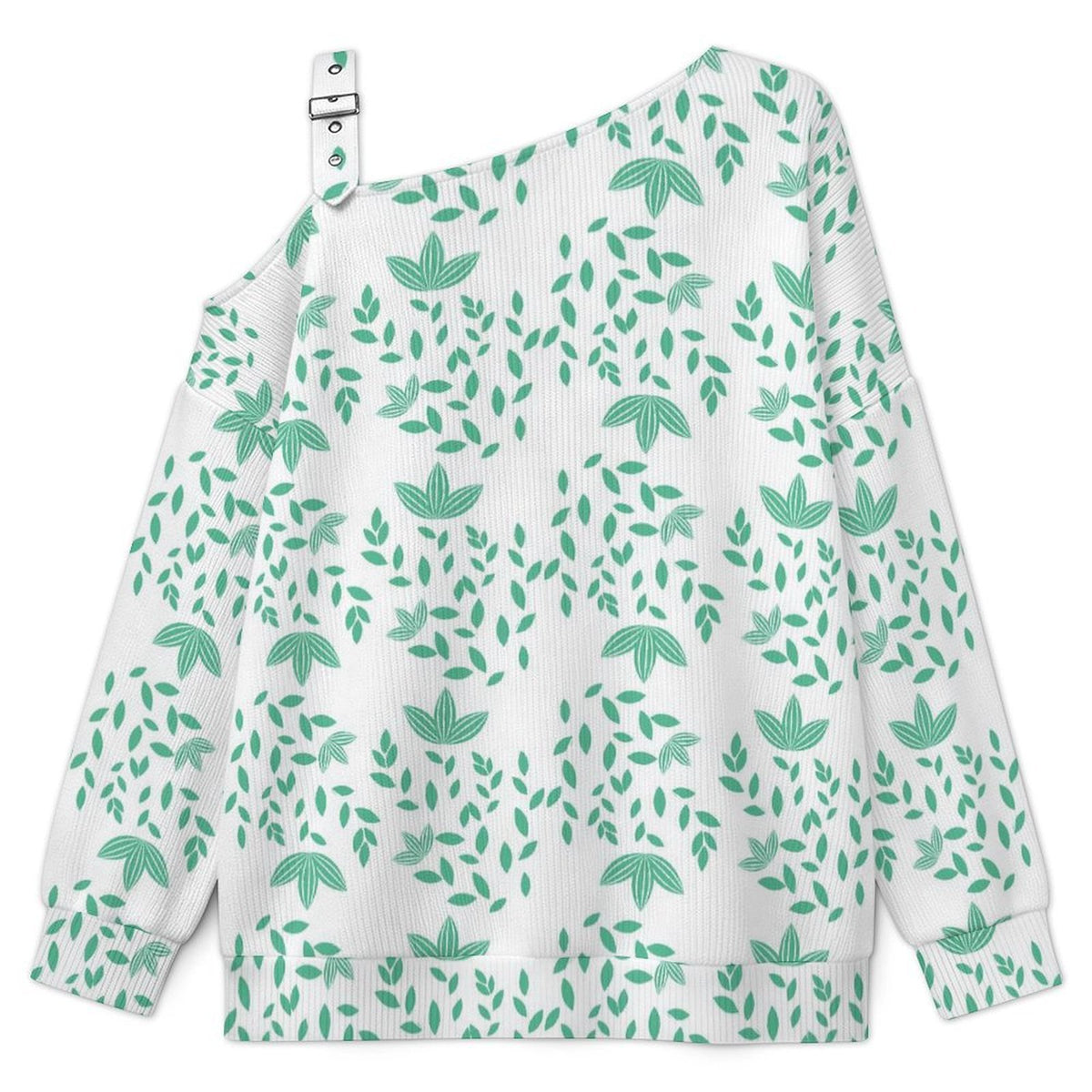 Off-the-shoulder Sweater Green Leaf Pattern Design  Asymmetric Cold Shoulder Knit Sweater for Women, Adjustable Buckle Strap Long Sleeve Casual Slouchy Pullover