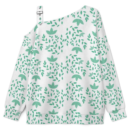 Off-the-shoulder Sweater Green Leaf Pattern Design  Asymmetric Cold Shoulder Knit Sweater for Women, Adjustable Buckle Strap Long Sleeve Casual Slouchy Pullover