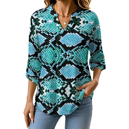 Stand-up Collar Long-sleeved Shirt Snake Skin  Customization Women’s V-Neck Blouses,long Sleeve,Roll-Up Sleeve Shirt