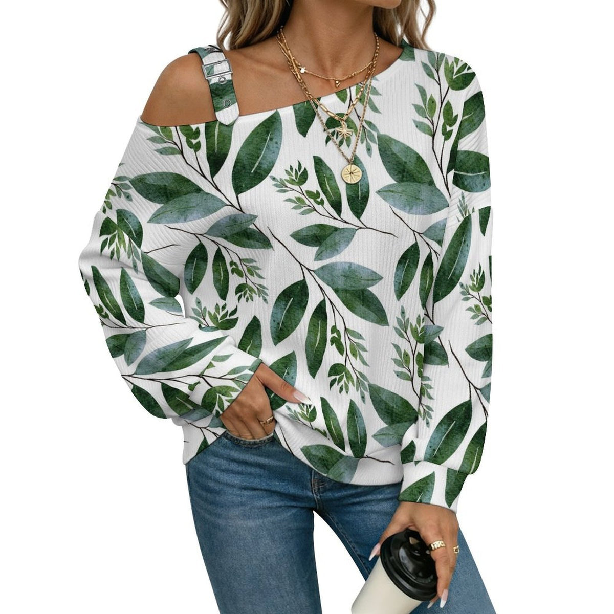 Adjustable Buckle Strap Long Sleeve Casual Slouchy PulloverOctopus Love PatternOff-the-shoulder Sweater
