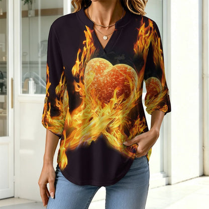 Stand-up Collar Long-sleeved Shirt Flame Heart  Customization Women’s V-Neck Blouses,long Sleeve,Roll-Up Sleeve Shirt