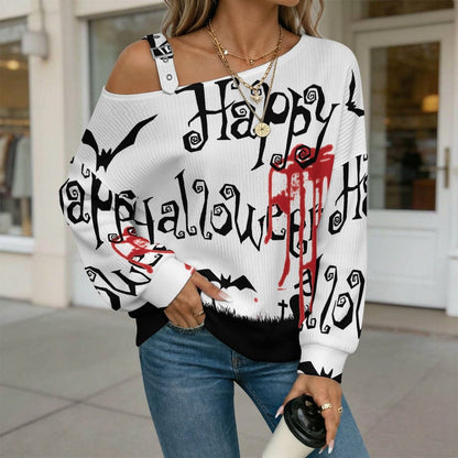 Off-the-shoulder Sweater Halloween Ghosts, Bats  Asymmetric Cold Shoulder Knit Sweater for Women, Adjustable Buckle Strap Long Sleeve Casual Slouchy Pullover