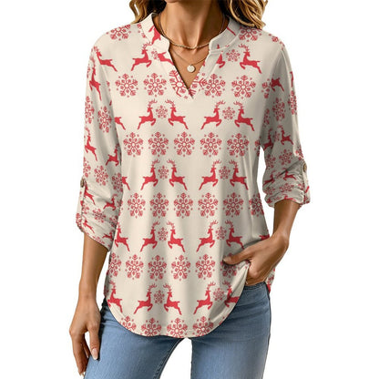 Women's Notched V Neck Tunic Tops, Roll Up 3/4 Sleeve Button Cuff Casual Blouse, Hem Loose Work Shirts  Christmas-snowflake-reindeer-red-tiled-repeat