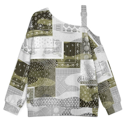 Off-the-shoulder Sweater Exotic Ethnic Patterns  Asymmetric Cold Shoulder Knit Sweater for Women, Adjustable Buckle Strap Long Sleeve Casual Slouchy Pullover