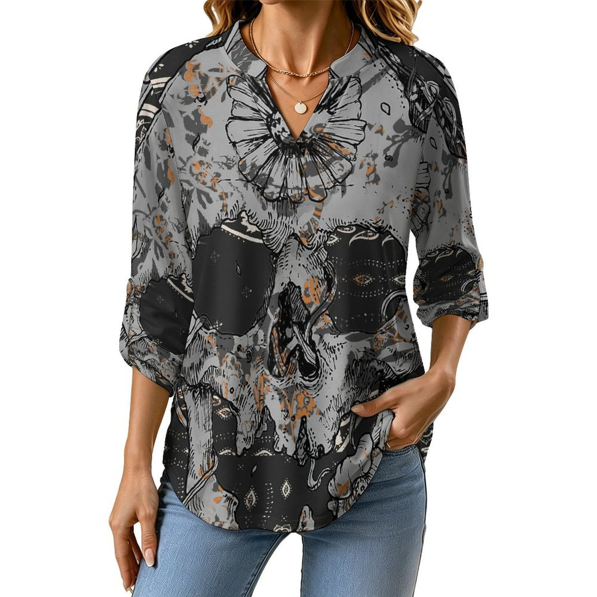 Stand-up Collar Long-sleeved Shirt Skul,folk-customl,totem  Customization Women’s V-Neck Blouses,long Sleeve,Roll-Up Sleeve Shirt