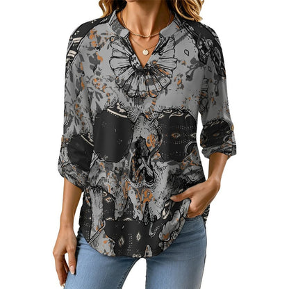 Stand-up Collar Long-sleeved Shirt Skul,folk-customl,totem  Customization Women’s V-Neck Blouses,long Sleeve,Roll-Up Sleeve Shirt