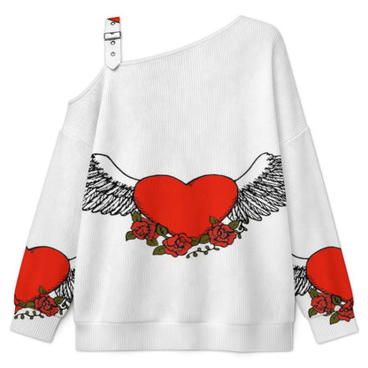 Off-the-shoulder Sweater Wing Heart  Asymmetric Cold Shoulder Knit Sweater for Women, Adjustable Buckle Strap Long Sleeve Casual Slouchy Pullover