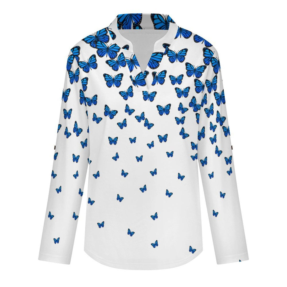 Butterflies, Women's Clothing Roll Tab 3/4 Sleeve Notched V Neck Tunic Blouse