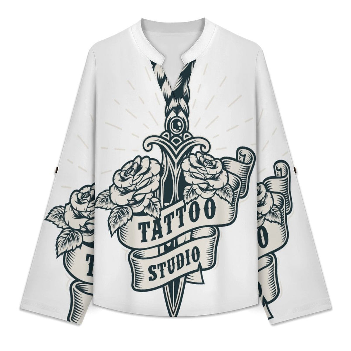 Dagger, Weapon Women's Notched V Neck Tunic Tops, Roll Up 3/4 Sleeve Button Cuff Casual Blouse, Hem Loose Work Shirts