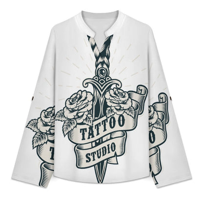 Dagger, Weapon Women's Notched V Neck Tunic Tops, Roll Up 3/4 Sleeve Button Cuff Casual Blouse, Hem Loose Work Shirts
