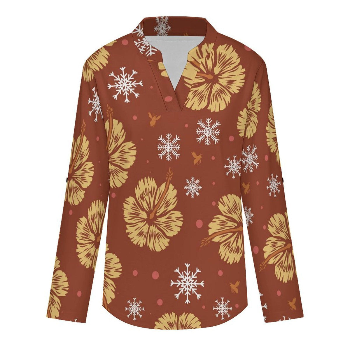 Stand-up Collar Long-sleeved Shirt Orange Background, Flowers white S Women’s V-Neck Blouses