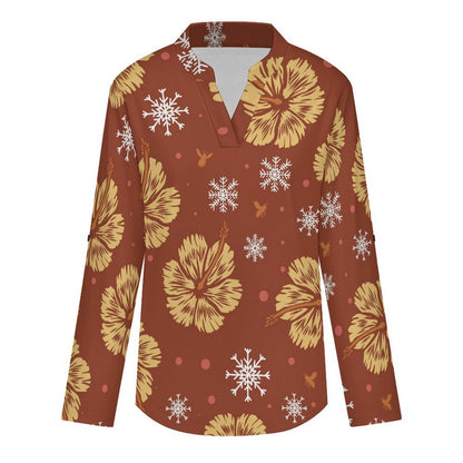 Stand-up Collar Long-sleeved Shirt Orange Background, Flowers white S Women’s V-Neck Blouses