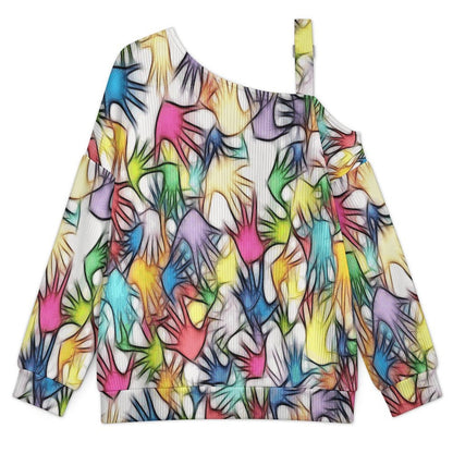 Women’s Off-Shoulder Knit Sweater Colored Hands, Shadows, Abstractions