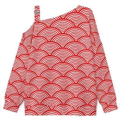 Fall Casual Asymmetric Shoulder Knit Top with Buckle Detail Red Stripe, Scale Pattern