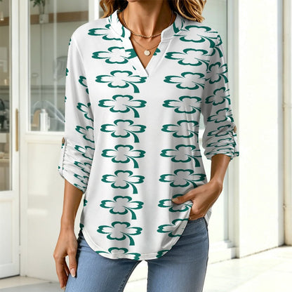 Women Curved Hem V Neck Roll Sleeve Casual Work Top  St. Patrick's Day, White, Clover