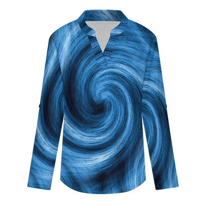 Blue Vortex Pattern  Versatile Notched V-Neck Tunic | Roll Tab 3/4 Sleeve Office Casual Top