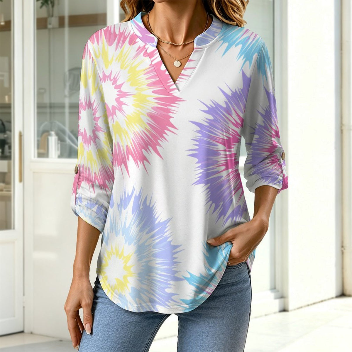 Women's Notched V Neck Tunic Tops, Roll Up 3/4 Sleeve Button Cuff Casual Blouse, Hem Loose Work Shirts  Color Special-shaped Graphics