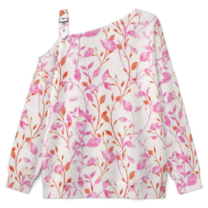 Fall Casual Asymmetric Shoulder Knit Top with Buckle Detail Flower