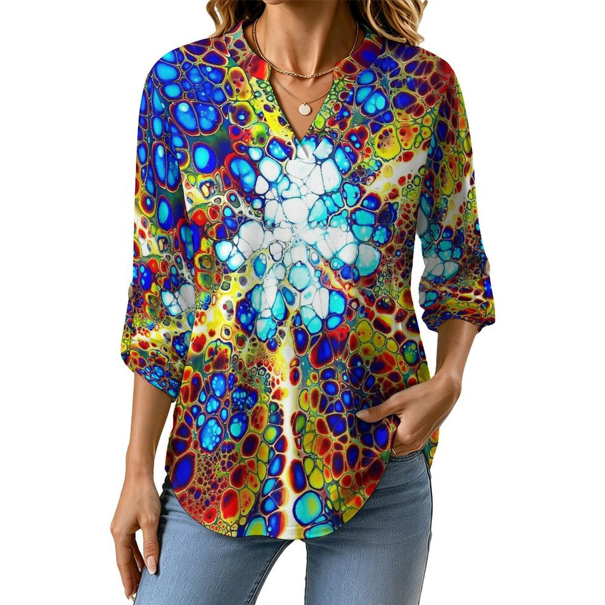 Pattern  Women Curved Hem V Neck Roll Sleeve Casual Work Top
