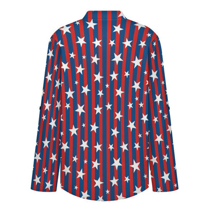 American Flag Roll Tab 3/4 Sleeve Notched V Neck Tunic Blouse