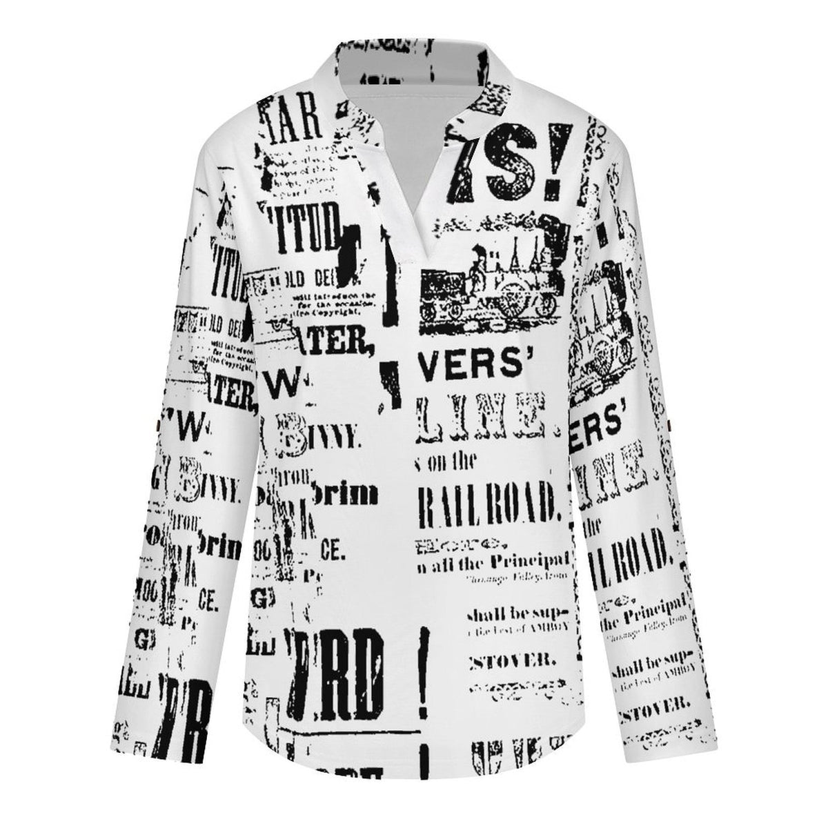 Stand-up Collar Long-sleeved Shirt Newspaper Vintage Dress white S Women’s V-Neck Blouses