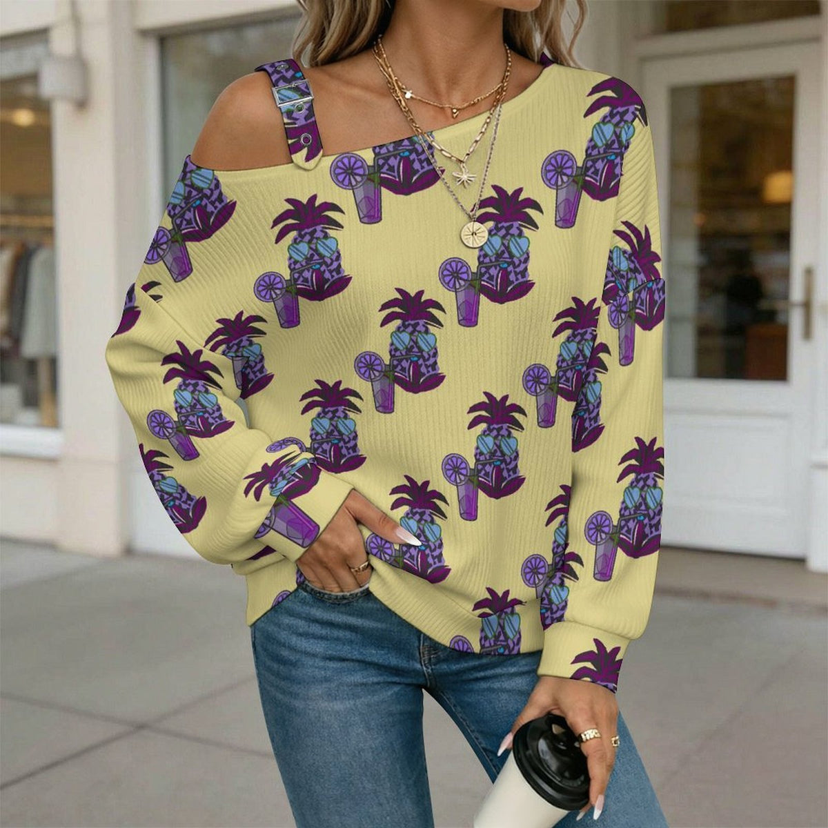 Purple Pineapple, Beverage, Pattern Buckle Strap Asymmetrical Off Shoulder Knit Sweater