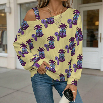 Purple Pineapple, Beverage, Pattern Buckle Strap Asymmetrical Off Shoulder Knit Sweater