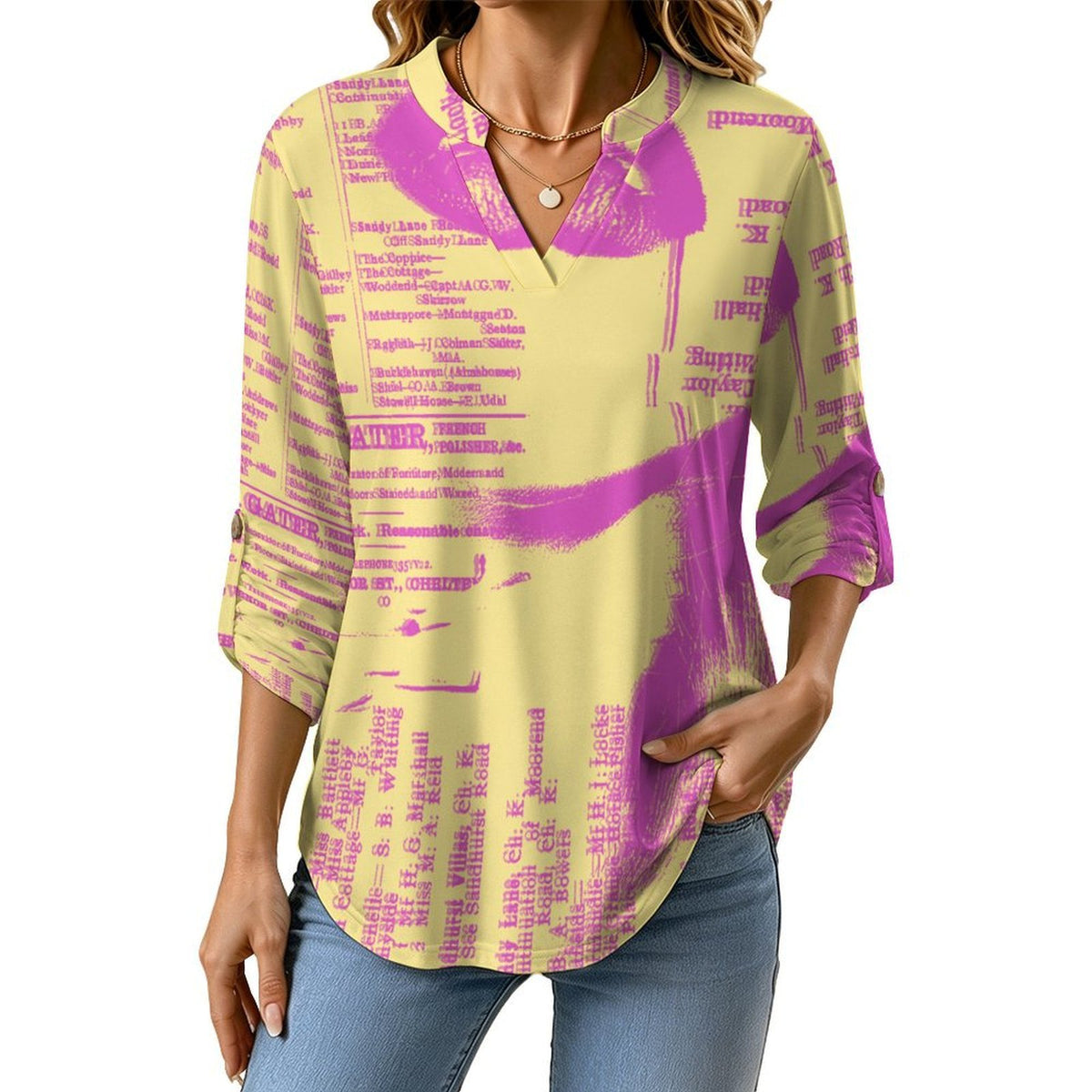 Stand-up Collar Long-sleeved Shirt Newspaper Girl Vintage white S Women’s V-Neck Blouses