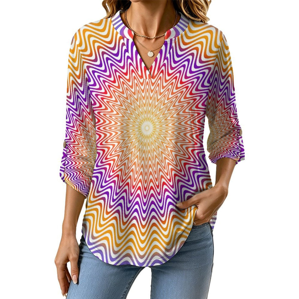 Optical Art  Versatile Notched V-Neck Tunic | Roll Tab 3/4 Sleeve Office Casual Top