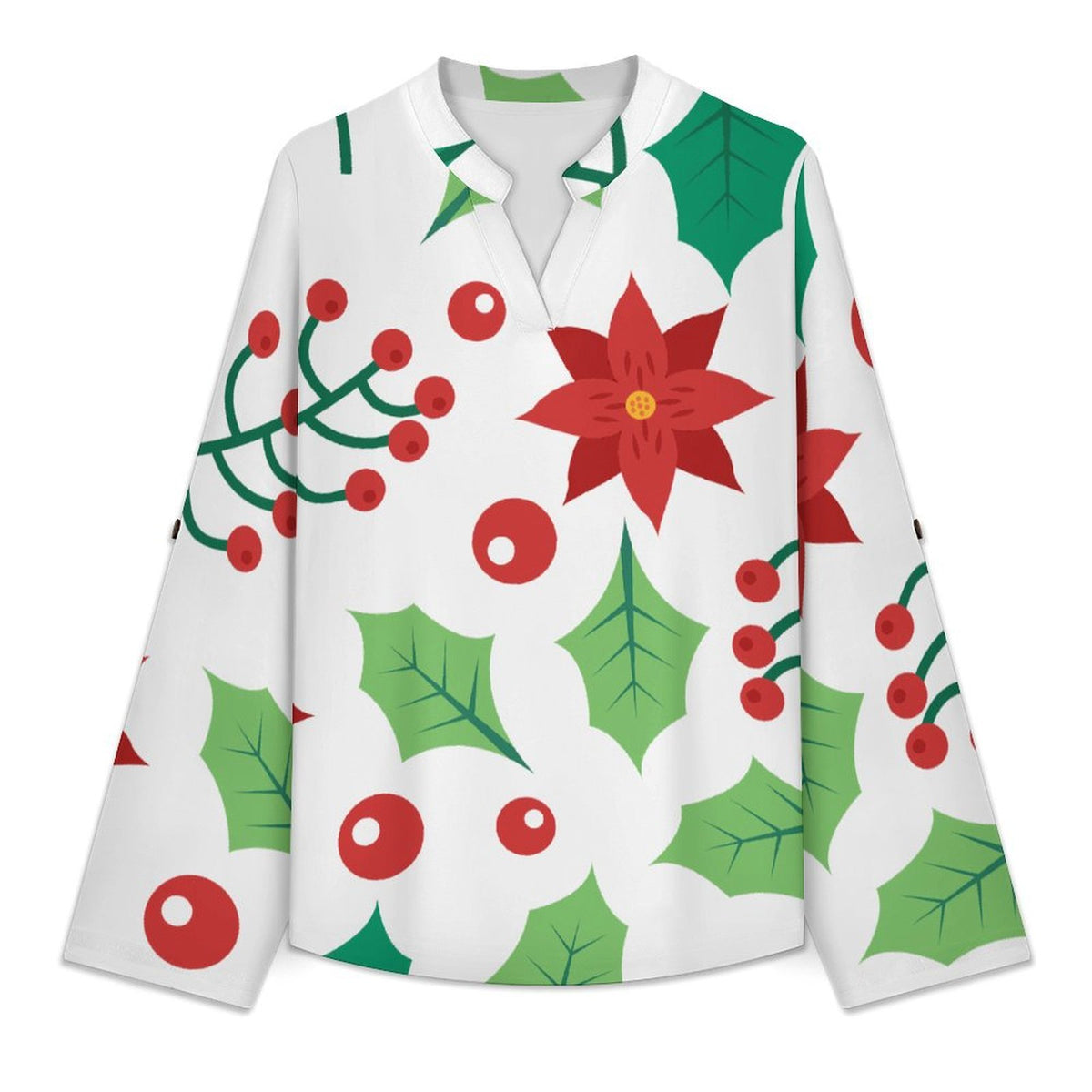 Women's Notched V Neck Tunic Tops, Roll Up 3/4 Sleeve Button Cuff Casual Blouse, Hem Loose Work Shirts  Christmas Repeat Pattern Red And Green